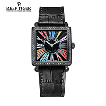 Reef Tiger/RT Womens Fashion Diamonds Watches Black Steel Square Case with Genuine Leather Strap Casual Wrist Watch RGA173