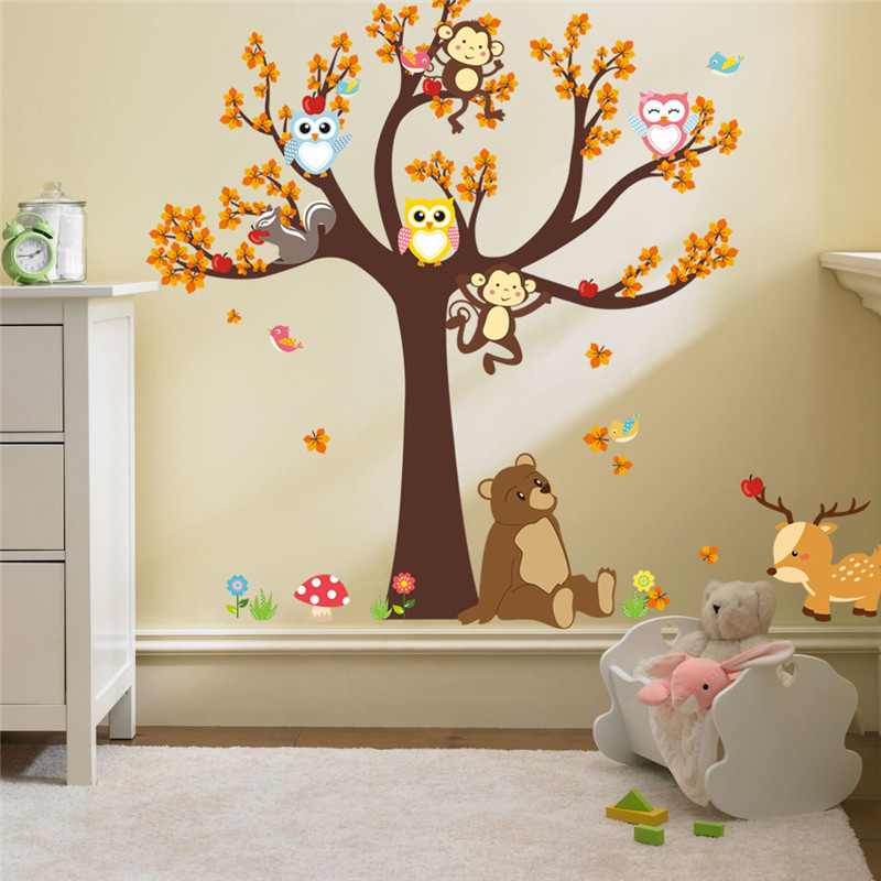Nursery Baby Jungle Animal Owls Monkey Tree Wall Stickers Decor for Kids Room 