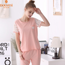 Summer Women Pajama Sets Homewear Cotton Girls Pajamas Sleepwear Short Sleeve Long Pant Pijama Cute Sleep & Lounge Casual Pyjama