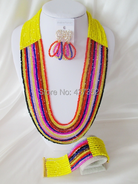 Charming 26'' Long Yellow and Mixed Strands 12 Layers Nigerian African Wedding Crystal Beads Jewelry Set Free Shipping CPS343