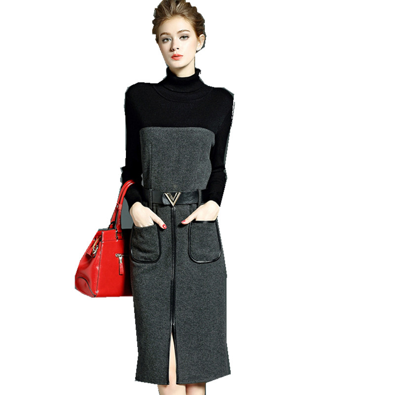 Autumn And Winter Women's Fashion Elegant Patchwork Dress Turtleneck Long-sleeve Slim One-piece Dress