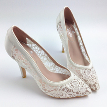 2016 Women Cutout Satin Fabric High Heels Sexy Lace Wedding Shoes Shallow Mouth Pointed Toe Genuine Leather Bride Pumps