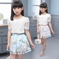 Children s clothing 2016 new summer girls lace Plaid short sleeve blouse short skirt set kids