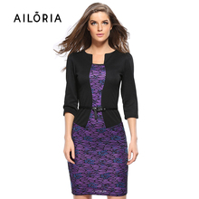 2016 New Womens Elegant Faux Twinset Belted Dots Tartan Floral Lace Patchwork Wear to Work Business Pencil Sheath Bodycon Dress