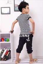 New 2015 summer clothing sets kids pants Top boys girls Stripe and plaid clothes children tracksuit