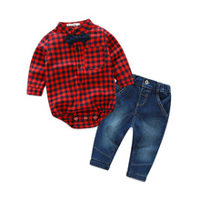 2016 Toddlers baby boy 2 pcs set gentleman Bow ties rompers +denim pants bebe suit Birthday party clothing costumes 0-2 Y BB
