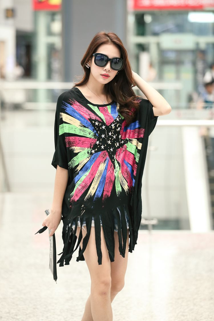 8 Summer Woman T Shirts 2015 Plus Size Star Printed Women Tops And Tees Black Color Half Batwing Sleeve Sexy Femme Tee Shirt