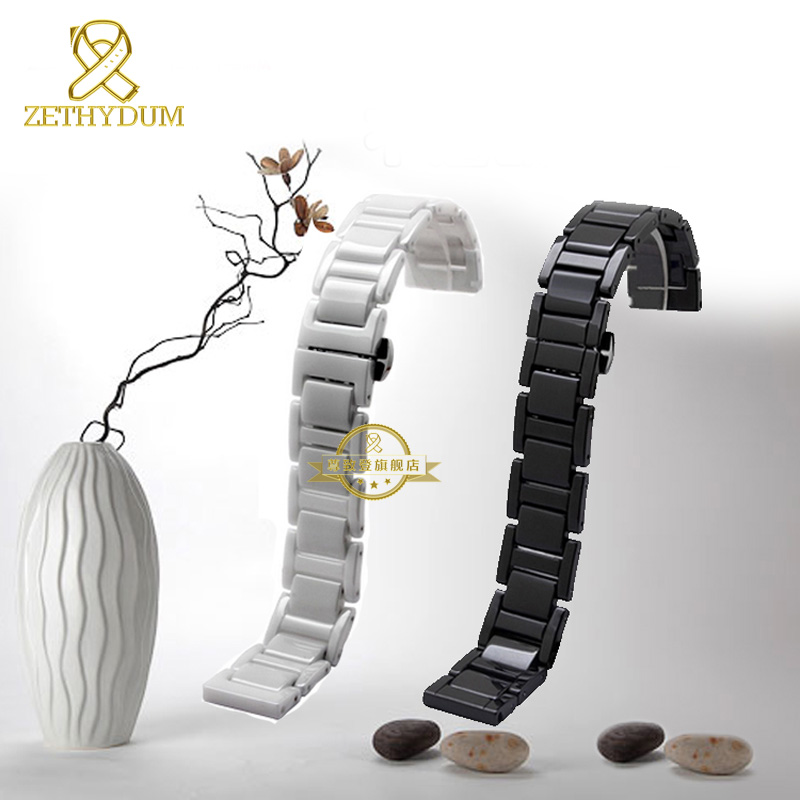 Pure Ceramic watchband bracelet 14mm 16mm 18mm 20mm white or black watch band  watch strap Butterfly Buckle wristband
