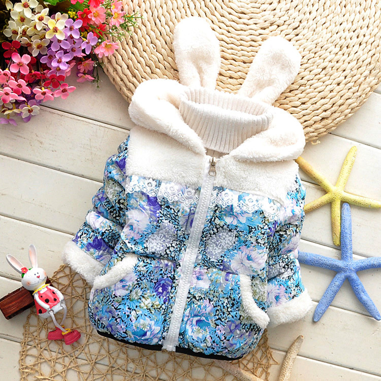 2015 girls warm coat baby winter long sleeve flower jacket children cotton padded clothes kids christmas