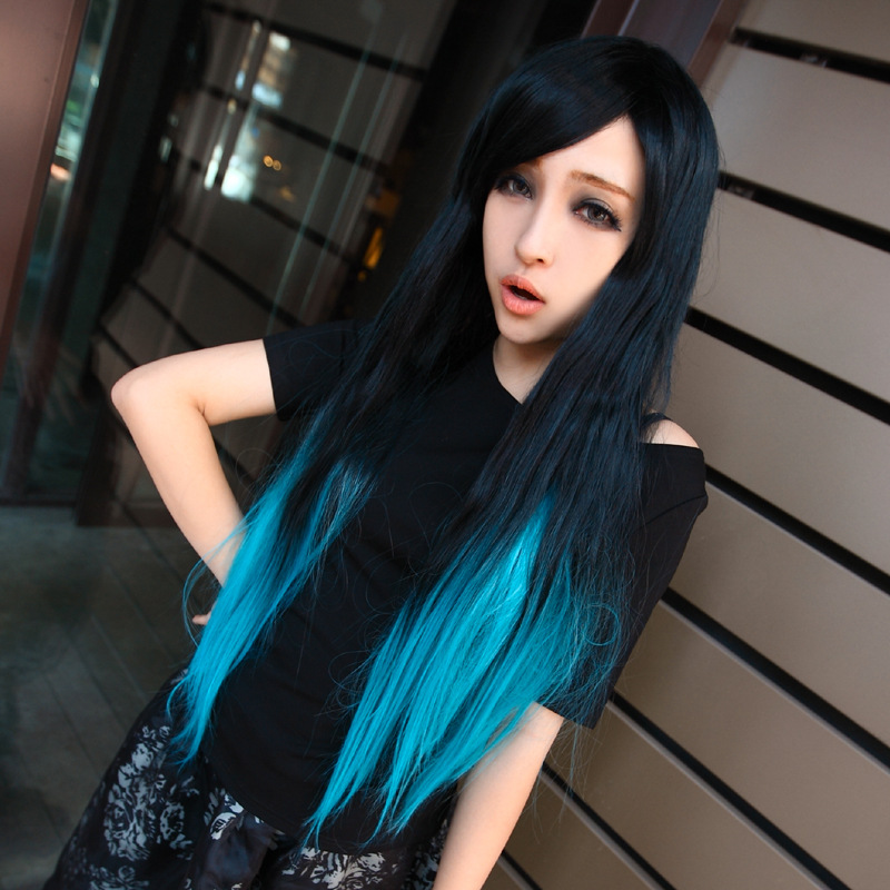 Мода японский harajuku парик черный синий ломбер цвет два тона парики природные реалистичные длинные прямые волосы парики 80 см