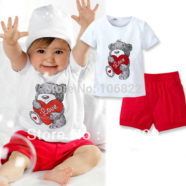 New Baby Kids 2 PCS Tops+Pants Heart Bear Pattern Outfits Set Clothes 0-3 Year drop freeshipping
