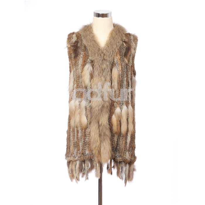 QDMJ006 4Colors Genuine Knitting Rabbit Fur Vest Women Waistcoat with tassels/OEM/wholesale/Retail
