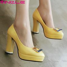 Yellow 10 CM Height Thick High Heel PU Woman Pumps Slip on Summer Platform Women Shoes Round Toe Ladies Pink Blue Wedding Shoes