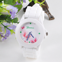 New hotNewest Women s Geneva Flowers Printed White Silicone Band Analog Quartz Wrist Watch 4JUL