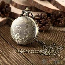 Retro Vintage Unique Bronze Quartz Pendant Chain Necklace Clock Pocket Watch 1K3O