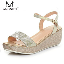 2016 Summer Women Wedge Sandals Gold Sliver&Black Ladies Gladiator Sandals Rhinestone Buckle-Strap Beach Shoes Woman XWZ1941