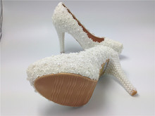 Women Fashion White Flowers Lace Platform High Heels Pearls Wedding Shoes