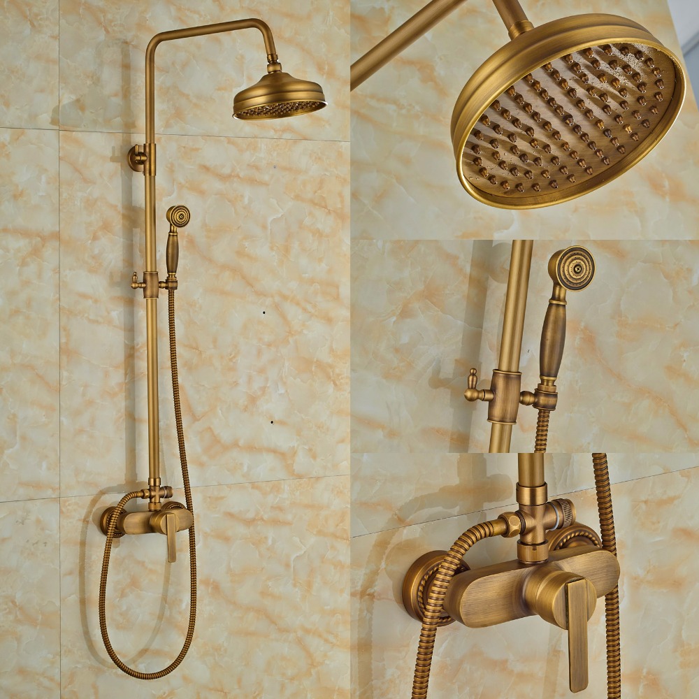 Wall Mounted Antique Brass Finished Round Shower Head + Brass Hand Shower +Shower Hose