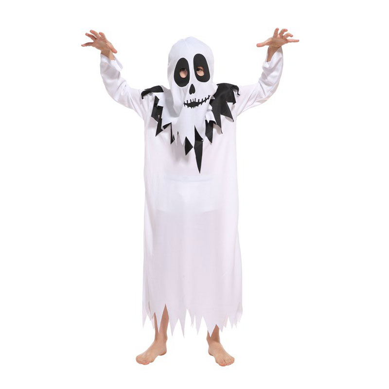 Kids Child Boys Black White Spooky Hooded Ghost Robe Cosplay Costume 