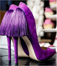 2015 newest design fashion sexy women dress shoes purple red green elegant tassels decorated stylish pointed toe high heels