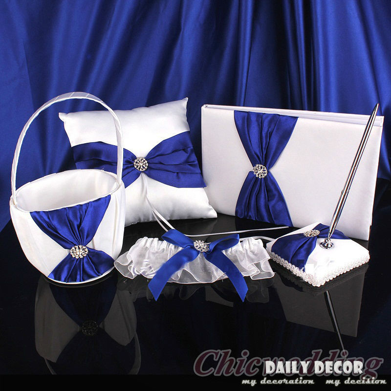5pcs! A set of blue + white wedding party accessories suit ( ring pillow + flower basket + pen + guest book + bridal garter )