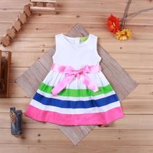 2016 Summer Cute Baby Girls Striped Sleeveless Dress Newborn Toddler Birthday Party Tutu Dress Girls Christening Bow Vest Dress