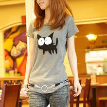 2015 Summer Short Sleeve Women T Shirt Cute Cartoon Cat Print O Neck Elegant T Shirt