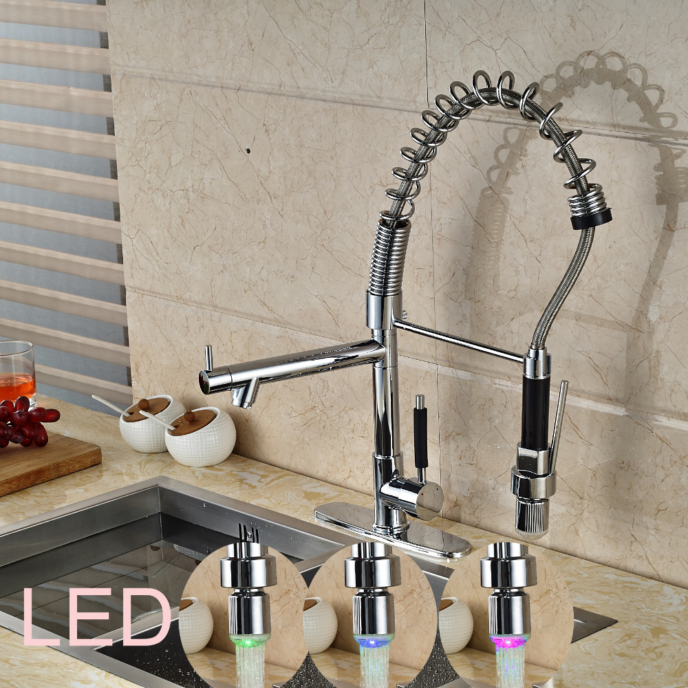 Tall LED Chrome Kitchen Sink Faucet Vessel 2 Spouts Spouts Tap W/ Cover Plate