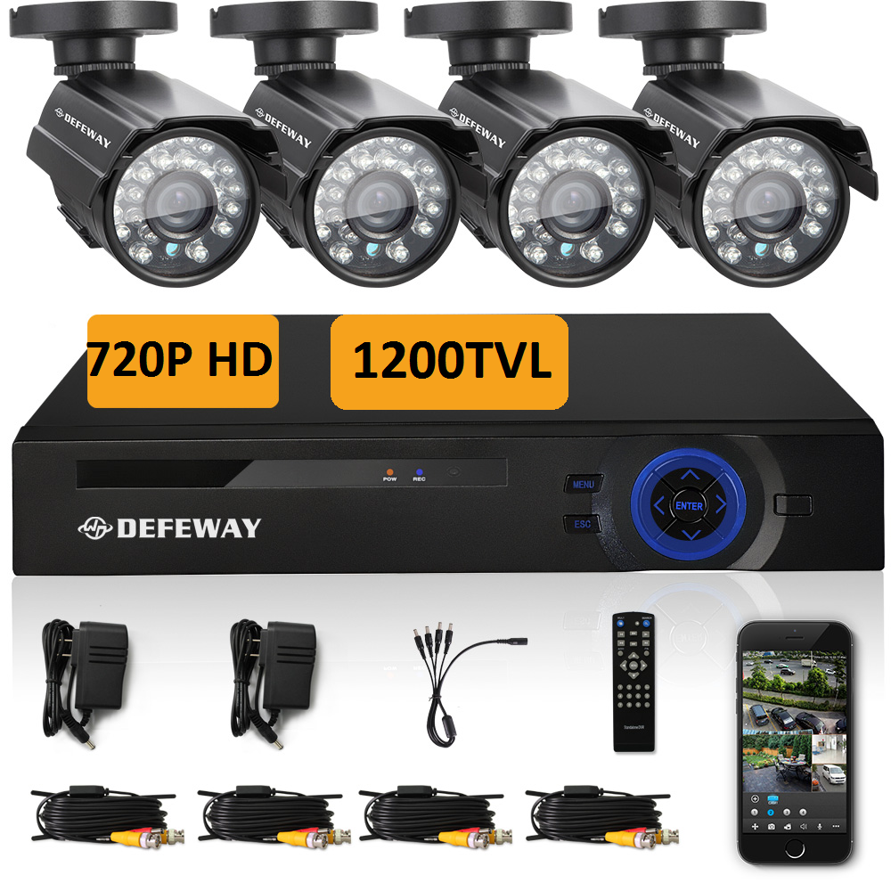 DEFEWAY 1280* 720P HD 1200TVL Outdoor Security Camera System 1080P HDMI CCTV Video Surveillance 8CH DVR Kit AHD Camera Set 4 CH