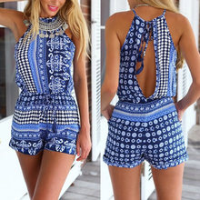 2016 New Women Jumpsuit Short Sexy Sleeveless Casual Halter One Piece Print Jumpsuits Slim Skinny Beach Playsuit Free Shipping