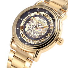 Brillante oro de lujo mecánico automático para hombre Wristwtach pulsera de cadena de acero reloj Business Relogio Mecanicos
