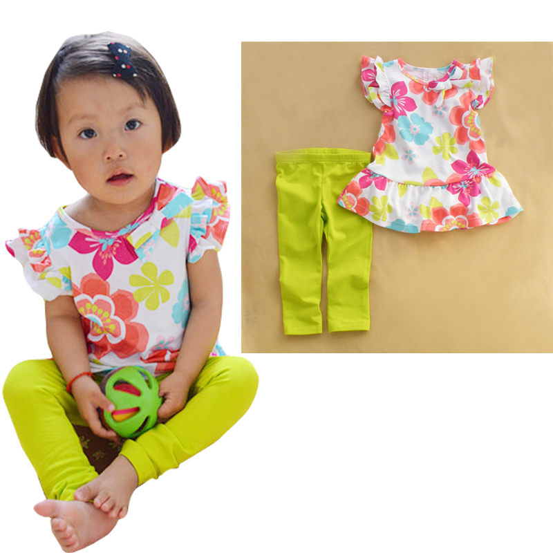 Summer 2015 clothes suits Baby Girls Small broken flower with short sleeves pants pants Cute Kids