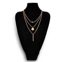 Fashion Geometry Charms Crystal 3 Layers Gold Sliver Color Pick Chain Necklace Women Jewelry Free Shipping