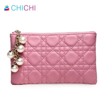 CHICHI Genuine Leather Women Wallets Zipper Coin Purses Luxury 2016 Ladies Plaid Pendant Change Card Holder Evening Clutch Bags