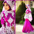 Oumeiya Real Pictures OW527 Satin Two Color Mermaid High Neck Long Sleeve Hijab Muslim Fuchsia Wedding