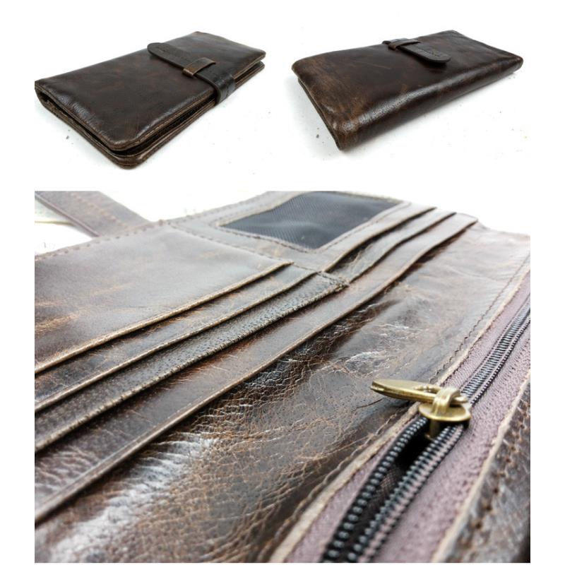 Luxury Brand High Quality 100 Top Genuine Oil Wax Cowhide Leather Men Long Bifold Wallet Purse