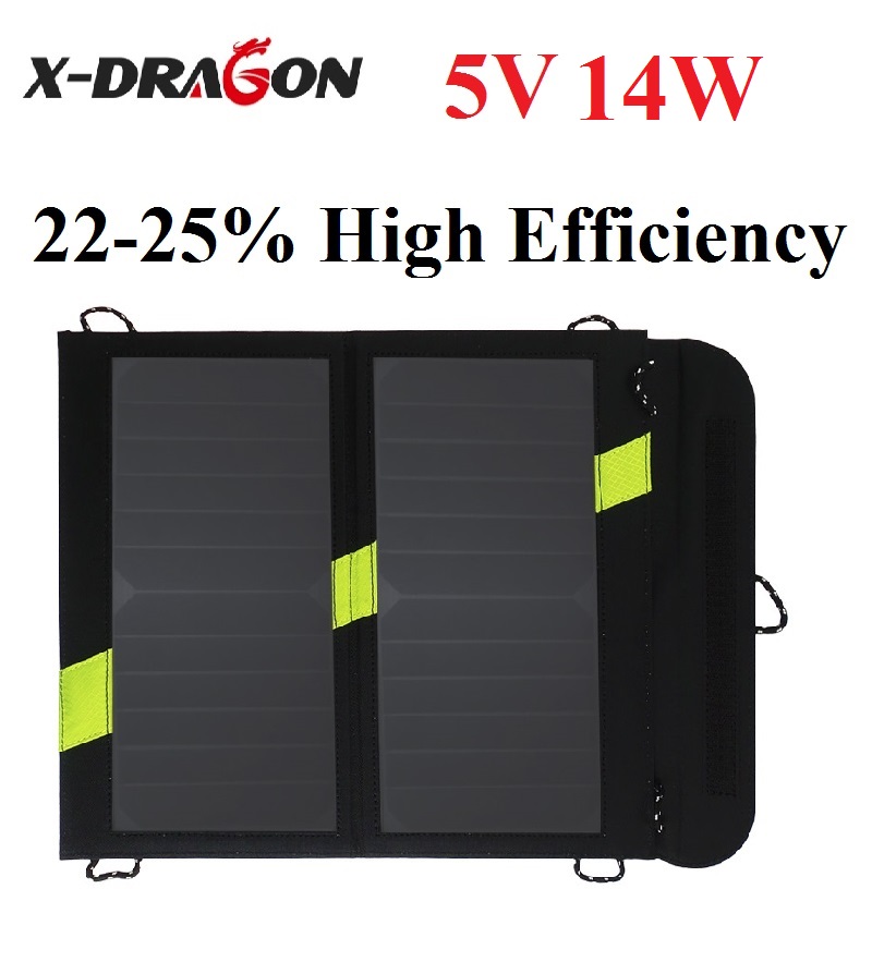 X-DRAGON 14W high Efficiency Foldable Sunpower Solar Panel Charger Dual Output Solar Power Bank Camping Charger for Cell Phone X-DRAGON 14W high Efficiency Foldable Sunpower Solar Panel Charger Dual Output Solar Power Bank Camping Charger for Cell Phone