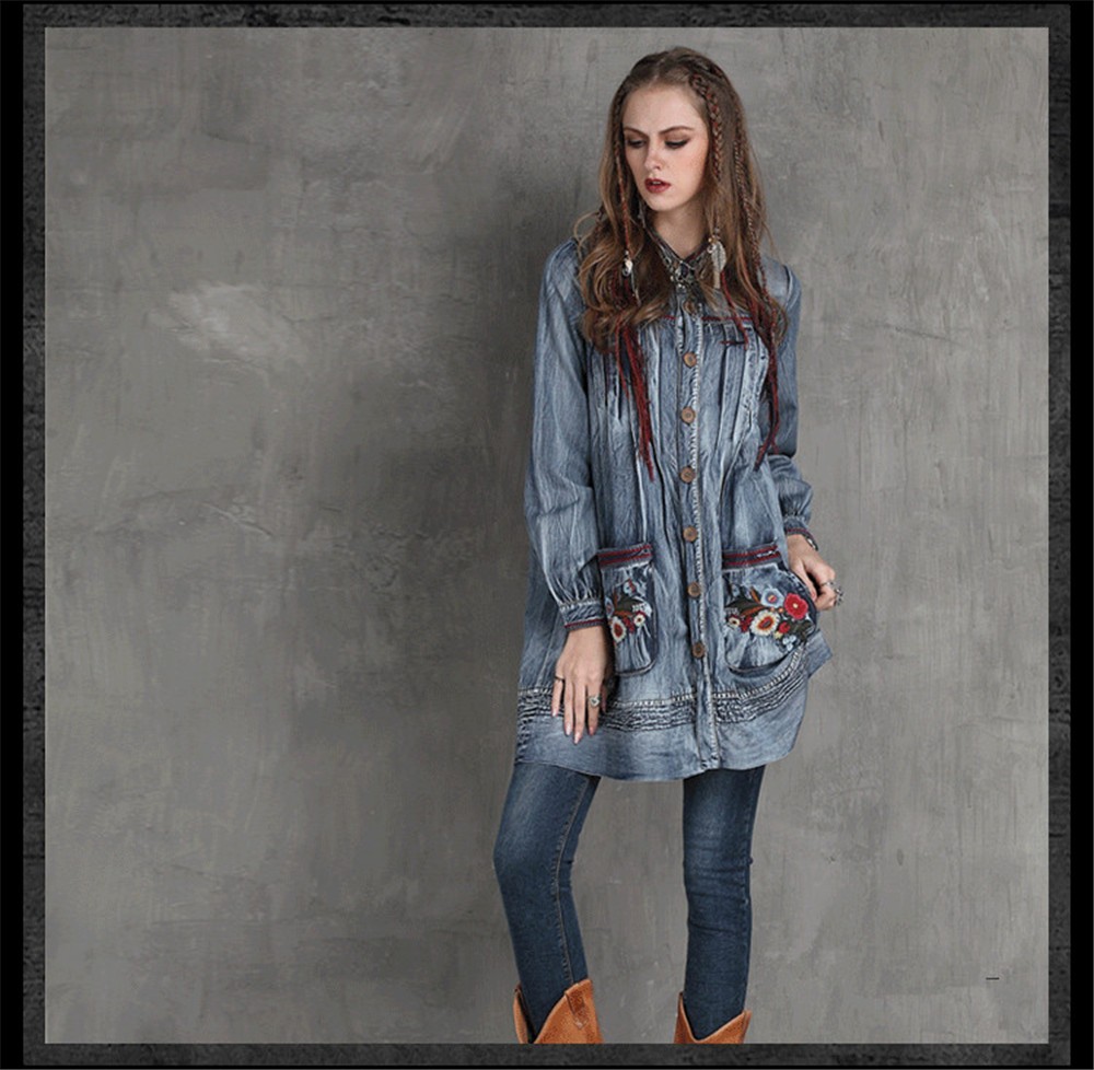 Vintage Floral Embroidery Women Dress Cotton&Linen Loose Stand Collar Dress Denim Womens Long Sleeve Dresses Vestidos Femininos  (9)