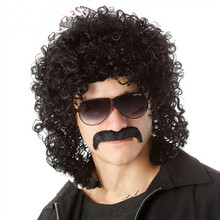 Hot Sell Fashion Puffy Man Black Curly Middle Length Wig Cosplay Party Full Lace Synthetic / Fake Hair