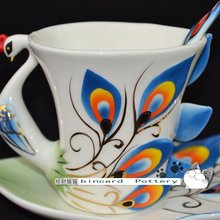 Free shipping Porcelain enamel Peacock coffee cup Set peacock Saucer Spoon Creative gifts Art Pottery blue