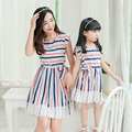 2016 new mother daughter dresses for girls family look women lace decoration blue white striped dress