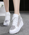 7cm High Fashion Cutouts White Floral canvas shoes hollow breathable platform Wedge shoes Women casual mesh