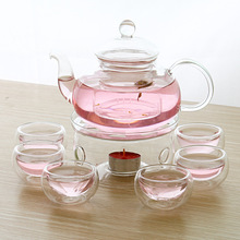 Glass teaset coffee set 600ml teapot 1 round warmer base 6pc 50ml tea cup 1 gift