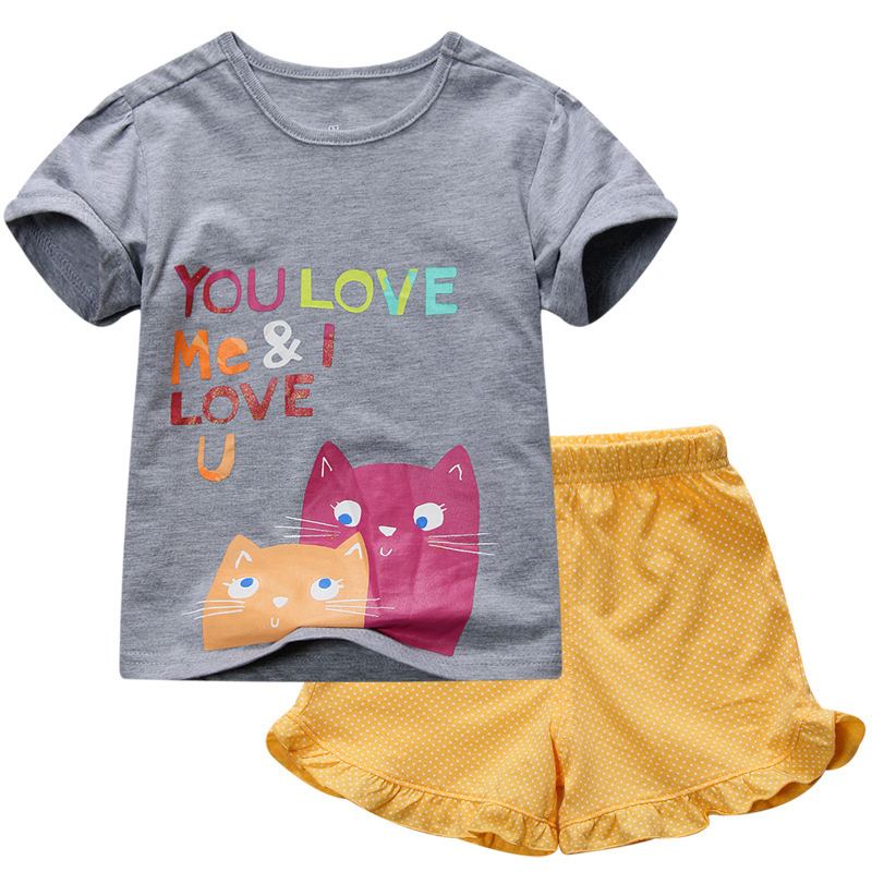 JTS226, cat, 9sets/lot, summer girls clothing sets, short sleeve t shirts sets for 1-6 year, 100% cotton