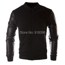 New Men 2015 Sweater PU Leather Collar Sweater Personalized Baseball Stitching Clothes Man Jacket Plus Size