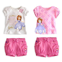 2014 New Hot Kid frozens Summer Clothing Sets Cotton T shirt + shorts Summer Sohpia Girls Pricesee Sets Free Shipping