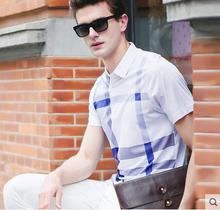 Double mercerized cotton short sleeved T-shirt male summer chequered Shirt Short Sleeved T-shirt Lapel middle-aged men