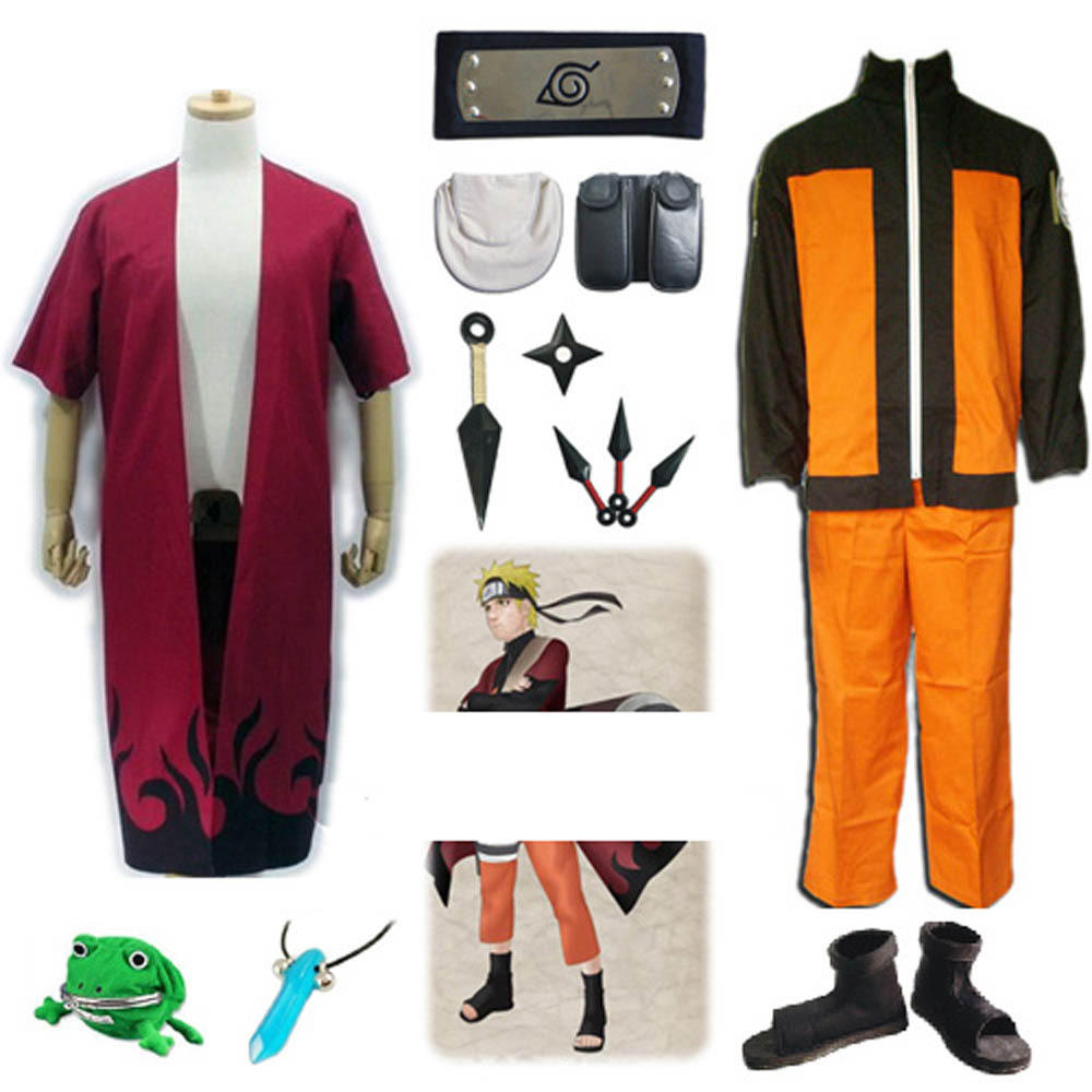 Naruto Shippuden Uzumaki Cosplay Costume+Uzumaki Sage mode Cloak+Uzumaki shoes+Uzumaki headband + Ninja sets+Necklace+Frog Purse