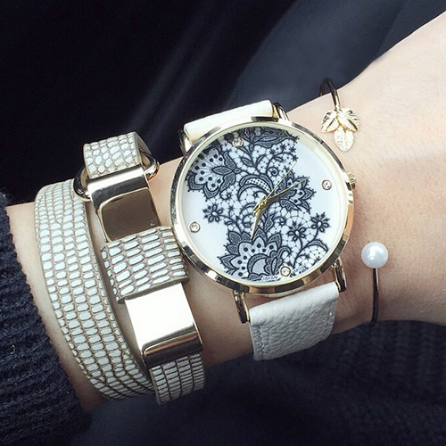 Pretty Fashion Round Lace Printed Faux Leather Quartz Analog Dress Wrist Watch New Design