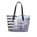 Creative Print Women Stylish Tote Large Capacity Cartoon Striped Splicing Shoulder Bag Trendy Classy Ladies Designer